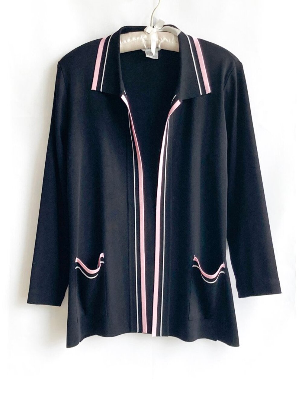 Misook Open Cardigan with Striped Edges & Pockets